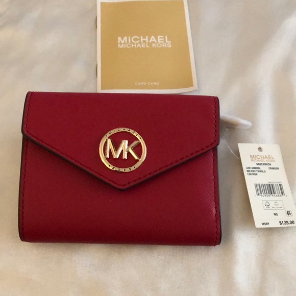 Michael Kors Greenwich Medium Envelope Leather Trifold Wallet Color Crimson NWT - Picture 1 of 16